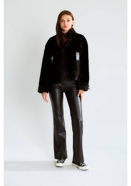 D99681 Cep Detaylı Kollar Ipli Kadın Suni Kürk Siyah modelleri