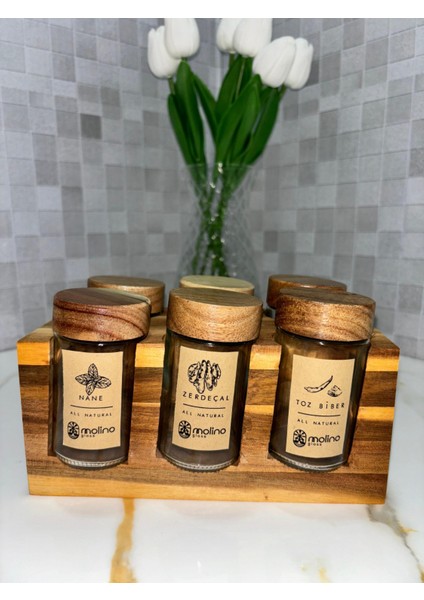 6'lı Aksaya Kapaklı ve Akasya Standlı Baharatlık Seti