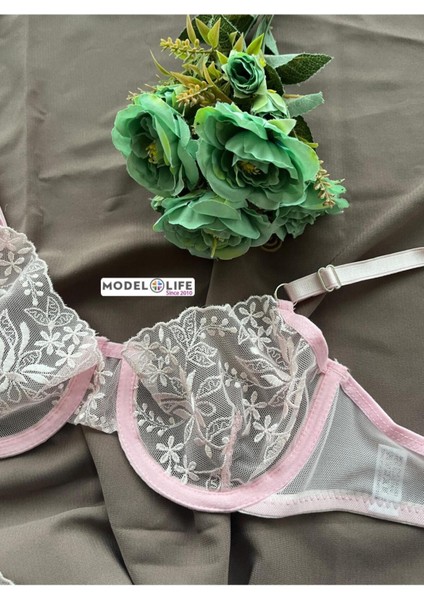 PEMBE Çiçekli Brode BALENLİ BRA Sütyen Iç Çamaşırı Tanga Takımı PUDRA modelleri