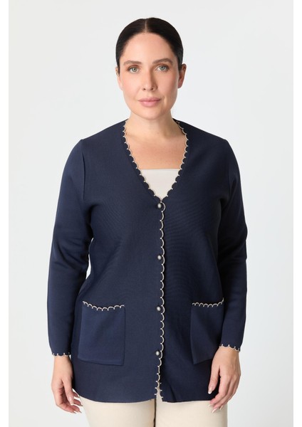 Büyük Beden Düğme Detay Triko Hırka-Lacı