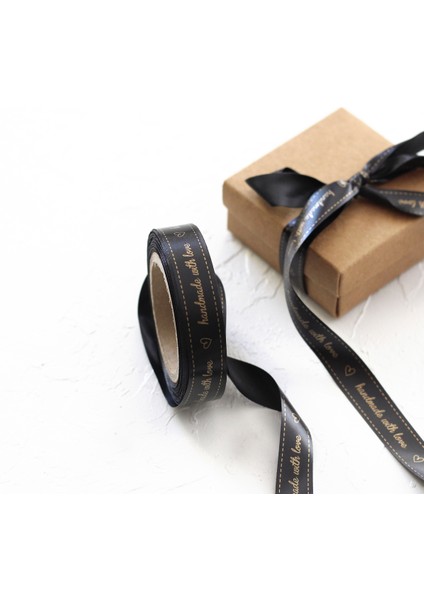 Saten Şerit, Altın Baskılı Handmade With Love , 1.5 cm 5 Metre Siyah