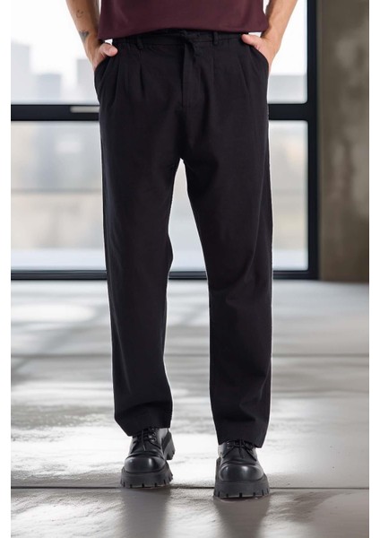 Bergman Keten Görünümlü Pamuklu Flamlı Rahat Kalıp Pileli Erkek Pantolon - Siyah