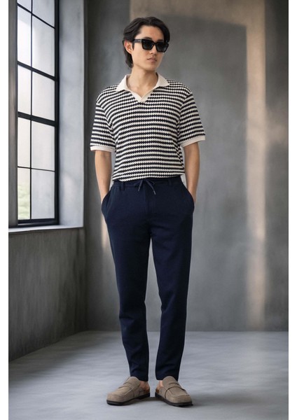 Akira Örme Pike Kumaş Beli Lastikli Fermuarlı Erkek Pantolon - Lacivert