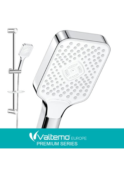 | Valtemo Krom Büyük Boy Sürgülü Duş Seti – Butonlu Sistem, Neoflex Pvc Hortum