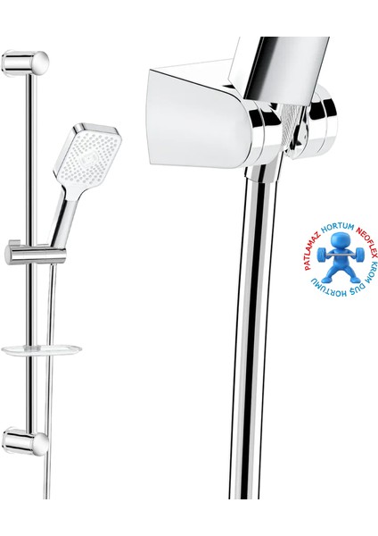 | Valtemo Krom Büyük Boy Sürgülü Duş Seti – Butonlu Sistem, Neoflex Pvc Hortum modelleri