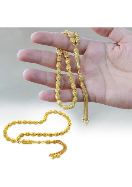 Üçlü Kamçı Püsküllü Çeşmi Bülbül Detaylı Telkari Tasarım Arpa Kesim Altın Renk 925 Ayar Gümüş Tesbih fiyatları