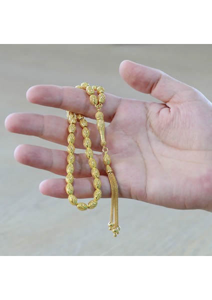 Üçlü Kamçı Püsküllü Çeşmi Bülbül Detaylı Telkari Tasarım Arpa Kesim Altın Renk 925 Ayar Gümüş Tesbih fırsatları