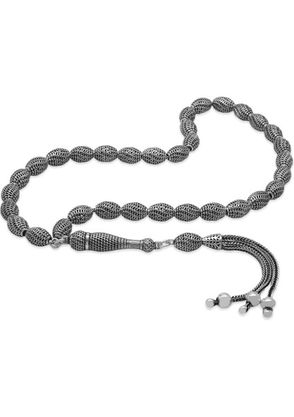 Üçlü Kamçı Püsküllü Çeşmi Bülbül Tasarım Arpa Kesim Eskitme Renk 925 Ayar Gümüş Tesbih