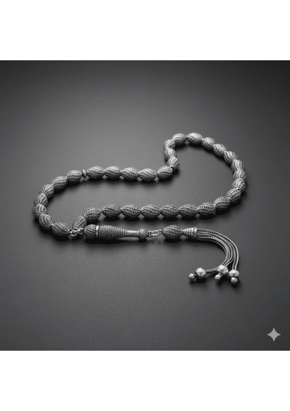 Üçlü Kamçı Püsküllü Çeşmi Bülbül Tasarım Arpa Kesim Eskitme Renk 925 Ayar Gümüş Tesbih modelleri