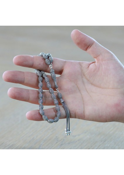 Üçlü Kamçı Püsküllü Çeşmi Bülbül Tasarım Arpa Kesim Eskitme Renk 925 Ayar Gümüş Tesbih fırsatları