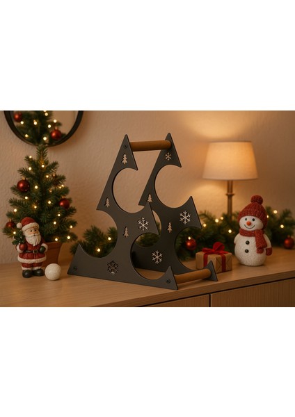 Noel Konsept Üçgen Tasarım Tezgah Üstü Masa Üstü 3'lü Metal Şarap Standı ve Şişe Standı Siyah