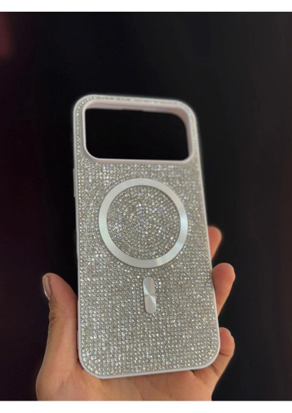 Iphone 17 Uyumlu Sert ve Içi Kadife Taşlı Magsafe Kılıf Roselix