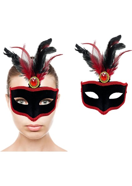 Kırmızı Dantelli Siyah Kırmızı Tüylü Siyah Süet Kaplama Parti Maskesi 17X25 cm (5067) fiyatları