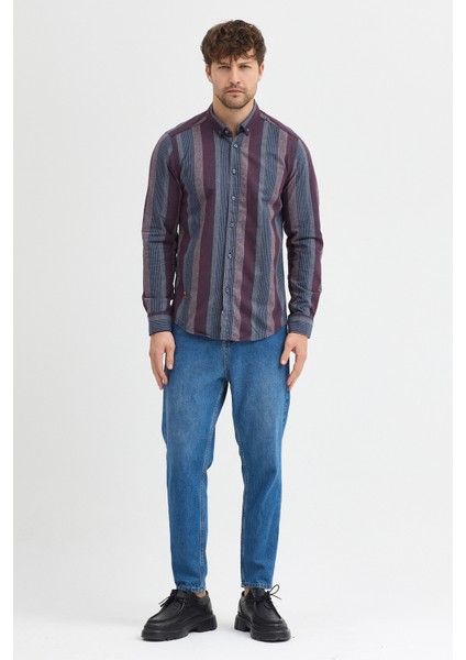 Regular Fit Pamuk Karışımlı Melanj Çizgili Düğmeli Yaka Erkek Gömlek modelleri