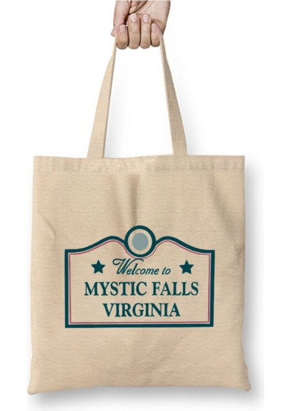 Welcome To Mystic Falls - Vampire Diaries Beyaz Bez Çanta Uzun Saplı Alışveriş Çantası