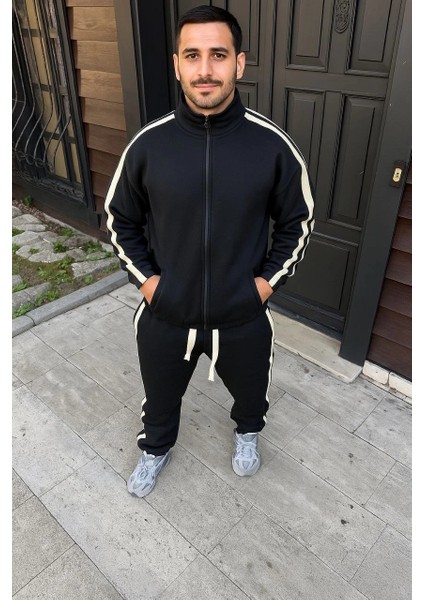 Erkek Çift Şeritli Eşofman Takım Dik Yaka Fermuarlı Sweatshirt Boru Paça Alt, Oversize 3 Iplik Pamuklu - Siyah fiyatları