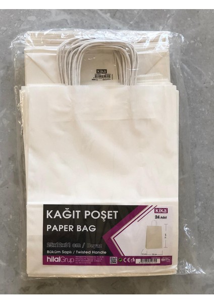Beyaz Büküm Saplı Kraft Çanta 25X12X31CM 24 Adet modelleri