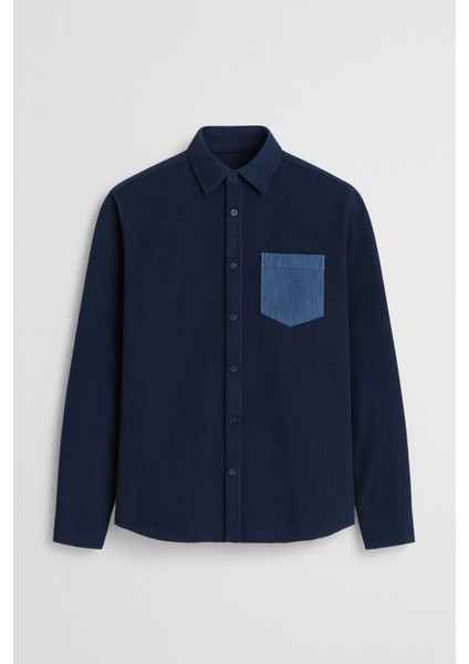 Cep Detaylı Fitilli Kadife Gömlek - Lacivert