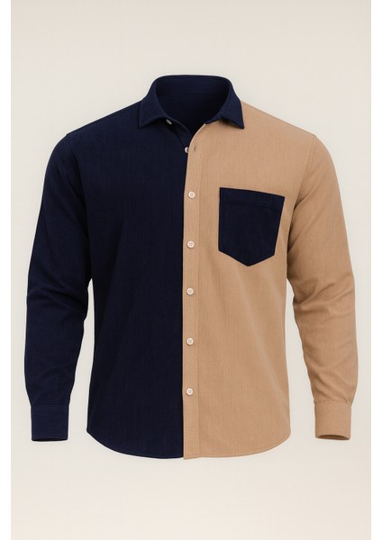 Kontrast Çift Renk Fitilli Kadife Gömlek - Koyu Lacivert
