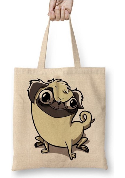 Pug Köpek Dog Pet Sevimli Cute Beyaz Bez Çanta Uzun Saplı Alışveriş Çantası Plaj Çantası