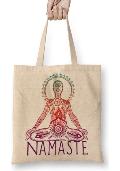 Namaste Yoga Beyaz Bez Çanta Uzun Saplı Alışveriş Çantası Plaj Çantası