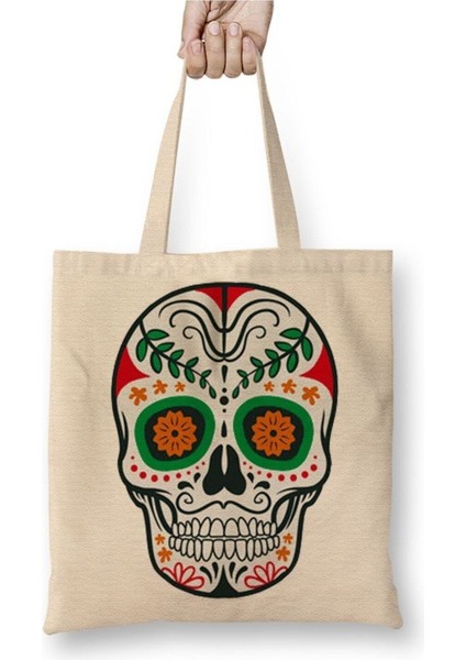 Renkli ve Desenli Kuru Kafa Skull Beyaz Bez Çanta Uzun Saplı Alışveriş Çantası Plaj Çantası