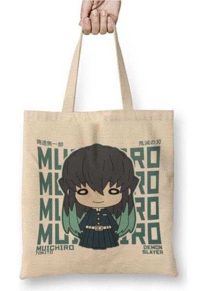 Demon Slayer Muichiro Chibi Iblis Keser Beyaz Bez Çanta Uzun Saplı Alışveriş Çantası Plaj Çantası