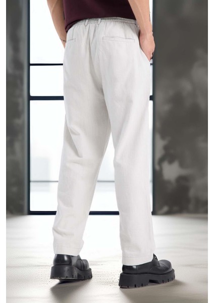 Bergman Keten Görünümlü Pamuklu Flamlı Rahat Kalıp Pileli Erkek Pantolon - Ekru