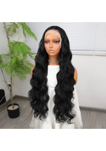 Siyah Ekstra Uzun Fiber Sentetik Dalgalı Tül Peruk modelleri