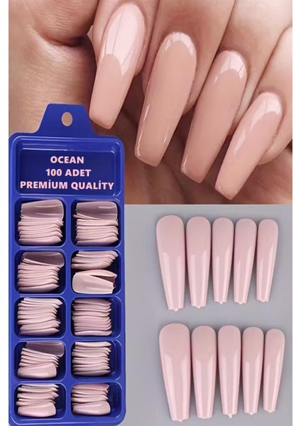 Pembe 100'LÜ Kutulu Balerin Protez Takma Tırnak ASU-236 Ekstra Uzun Tabut Takma Tırnaklar Parlak Düz