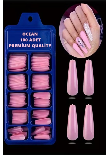 Pembe 100'LÜ Kutulu Balerin Protez Takma Tırnak ASU-236 Ekstra Uzun Tabut Takma Tırnaklar Parlak Düz fiyatları