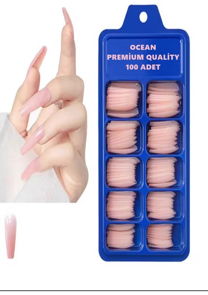 Pembe 100'LÜ Kutulu Balerin Protez Takma Tırnak ASU-236 Ekstra Uzun Tabut Takma Tırnaklar Parlak Düz modelleri