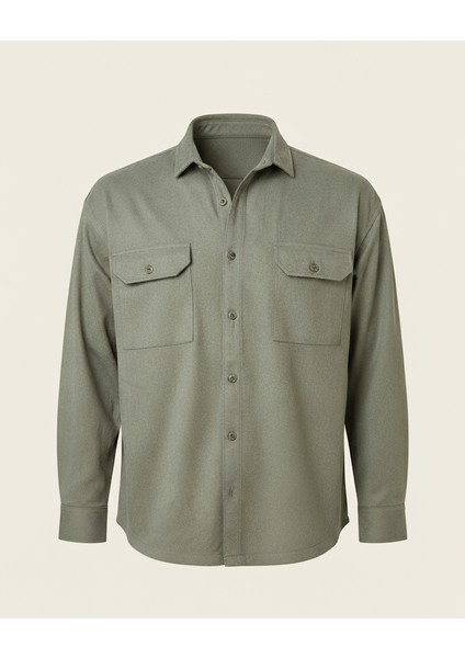 Çift Cepli İnce Fitilli Erkek Kadife Gömlek - Açık Haki