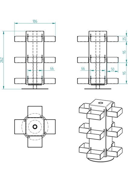 Döner 12 Bölmeli Poşet Çay Standı 4x3 Model-1 Siyah