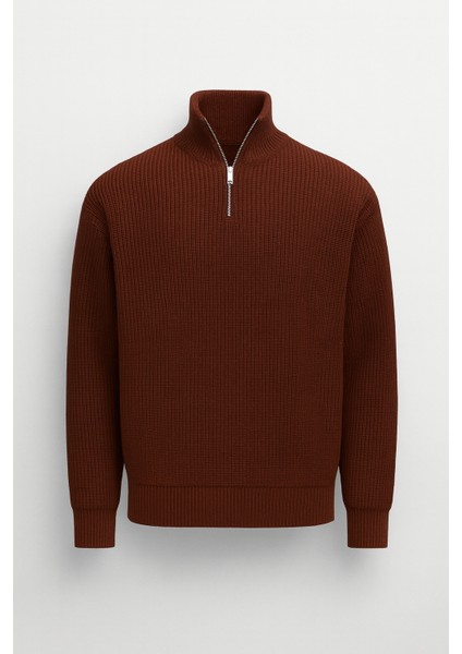 Nolan Oversize Selanik Örgü Yarım Fermuar Erkek Triko Kazak - Kahve