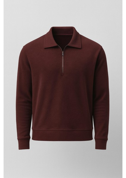 Eric Relax Fit Yarım Fermuarlı Polo Yaka Selanik Kumaş Erkek Sweatshirt - Bordo