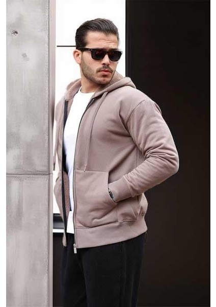 İçi Peluş Üç İplik Kumaş Oversize Fermuarlı Kapüşonlu Sweatshirt- Bej