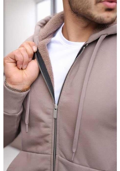 İçi Peluş Üç İplik Kumaş Oversize Fermuarlı Kapüşonlu Sweatshirt- Bej