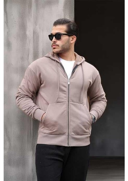 İçi Peluş Üç İplik Kumaş Oversize Fermuarlı Kapüşonlu Sweatshirt- Bej