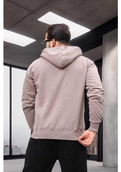 İçi Peluş Üç İplik Kumaş Oversize Fermuarlı Kapüşonlu Sweatshirt- Bej