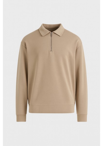Scuba Modal Kumaş Relaxed Fit Yarım Fermuarlı Polo Yaka Erkek Sweatshirt - Bej
