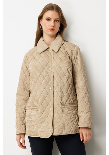 Kadın Büyük Beden Torba Cepli Kapitone Mont 6803 Bej
