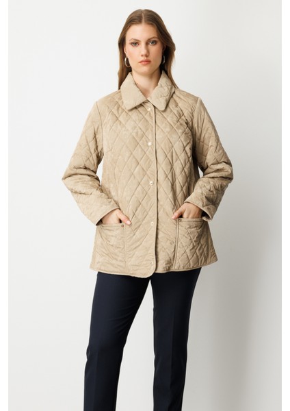 Kadın Büyük Beden Torba Cepli Kapitone Mont 6803 Bej modelleri