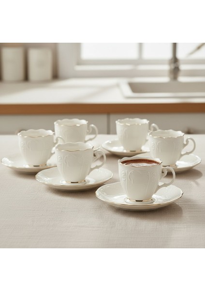 Amara Kabartma Vintage Yaldızlı Model 6 Kişilik Porselen Krem Kahve Fincan Takımı – 90 Ml.