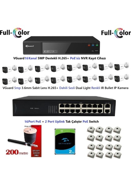Nif Bilişim Vguard 5mp Dahili Sesli ve Gece Renkli 16 Kameralı Tak Çalıştır Hazır Ip Kamera Seti 2tb Disk