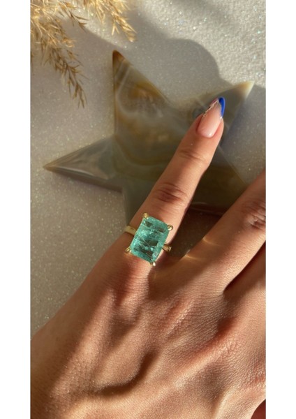 Rodyum Kaplama Su Yeşili Paraiba Taşlı Büyük Dikdörtgen Model 925 Ayar Gümüş Yüzük modelleri