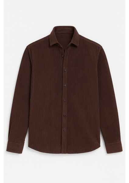 Fitilli Erkek Kadife Gömlek - Kahve