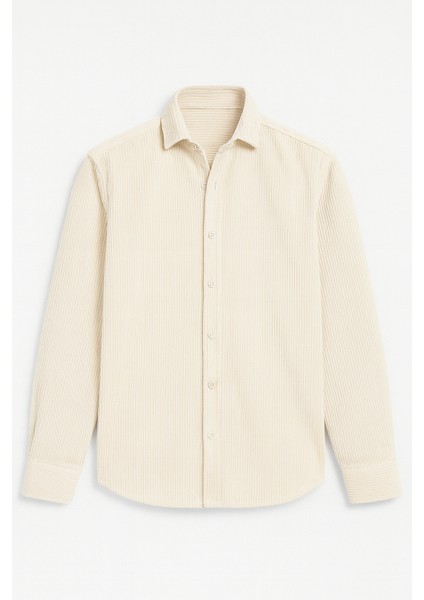 Fitilli Erkek Kadife Gömlek - Ekru