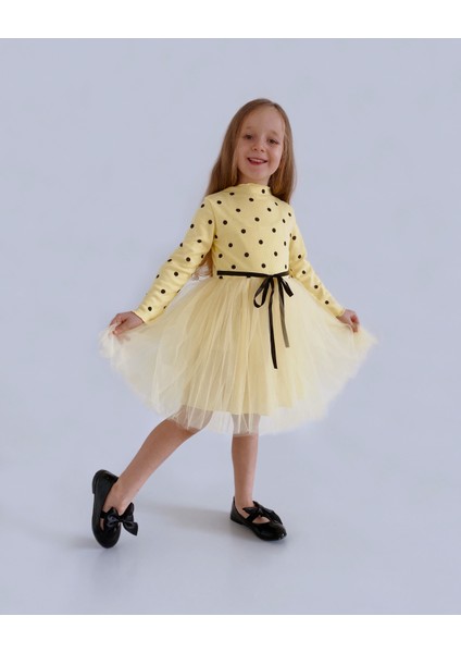 Linda Kız Çocuk Prenses Kabarık Tütü Elbise Uzun Kol Puantiyeli Esnek Likralı Tüllü