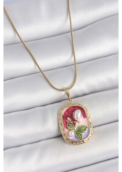 316L Çelik Gold Renk Zincir Mix Renk Incili Çiçek Işlemeli Portre Model Kadın Kolye - TJ-BKO10154